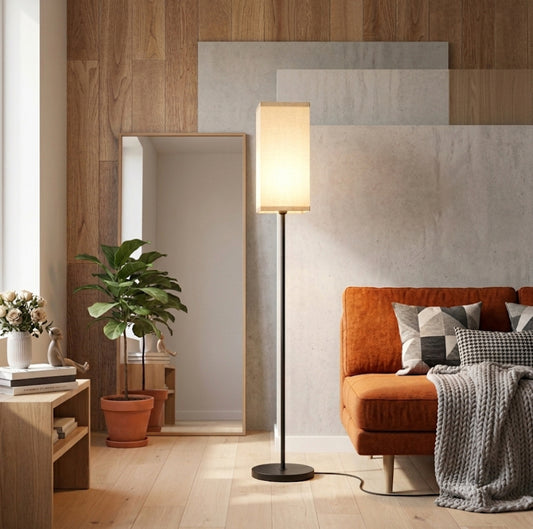Linen Shade Floor Lamp, Black, Foot Switch, Tall 161cm, E27