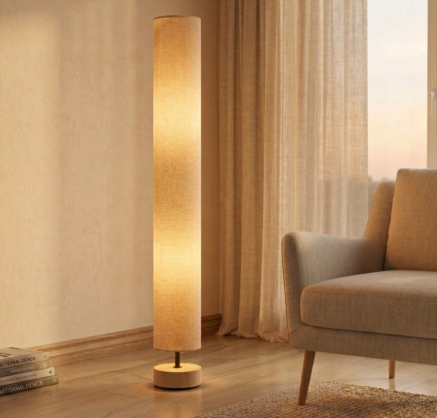 Grey Linen Floor Lamp, Wooden Base, Foot Switch, 120cm, E27