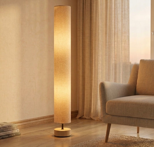 Grey Linen Floor Lamp, Wooden Base, Foot Switch, 120cm, E27