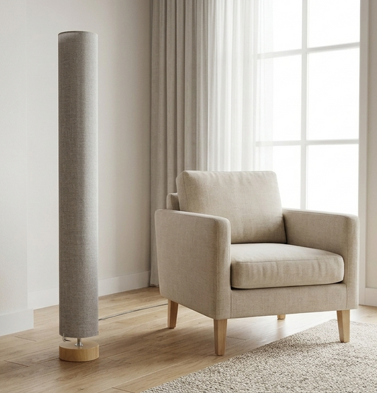 Grey Linen Floor Lamp, Wooden Base, Foot Switch, 120cm, E27
