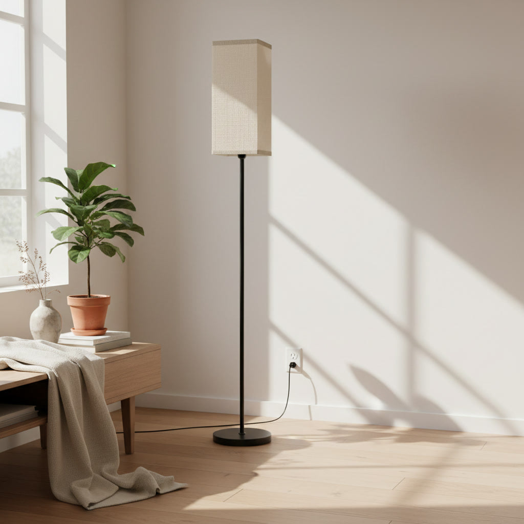 Linen Shade Floor Lamp, Black, Foot Switch, Tall 161cm, E27